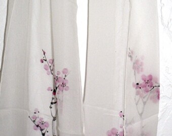 Multi-color and Design Cherry Blossom Bamboo Rose Oblong Silk Scarf Hand Painted Handmade
