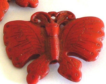 1 Large Red Chinese Cinnabar Bead Pendant Floral Butterfly