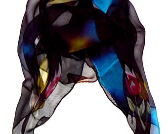 SALE Midnight Tulips Bandana Silk Scarf Mask Hand Painted Handmade