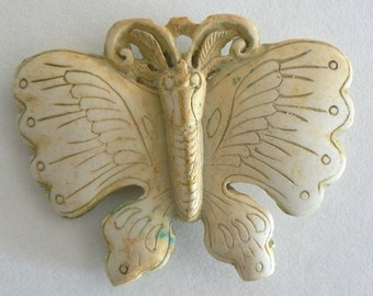 1 Large Ivory Cinnabar Bead Pendant Floral Butterfly