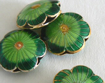 3pc Handmade Cloisonne Beads Open Rounds 20x7mm 6 Petal Flower Bead Gold Green b2599 1