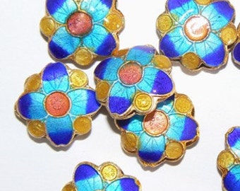 4 15x6mm Handmade Cloisonne Beads Gold Plated Brass Flower Blue Gold