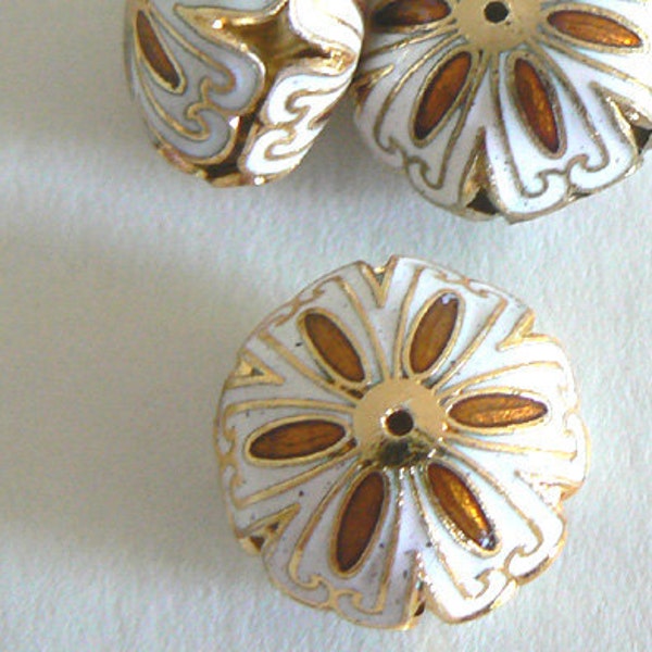 1pc Large 20x14mm Handmade Cloisonne Beads Round Bead Gold White b2383