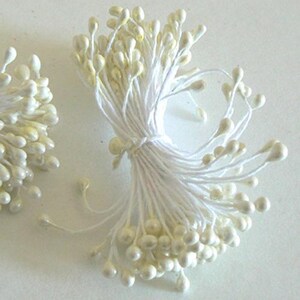 May include: Close-up of several bundles of white stamens, each with a cluster of small, pearl-like tips. The stamens are tied together with white string, creating a delicate and textured appearance. Ideal for crafting or floral arrangements.