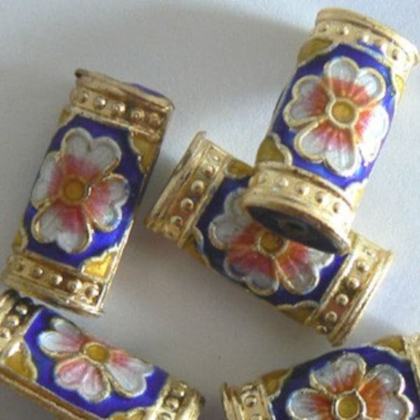 4 10x20x6mm Handmade Cloisonne Beads Floral Bead Navy b2192