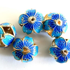 6pc Handmade Cloisonne Beads Open Rounds 14x17mm  Gold Beading Jewelry Making Flower Floral Design Gift Blue b3019