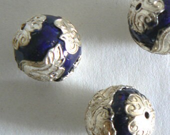 2pc Large 18mm Silver Foil Large Handmade Cloisonne Beads Round Bead Blue b2578