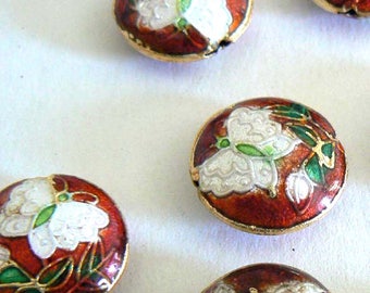 SALE 6 18mm Handmade Cloisonne Beads Bead Round Butterfly Flower Red b2907