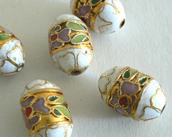 4 12x18mm Handmade Cloisonne Beads Gold Plated Brass Flower Oval White b2616