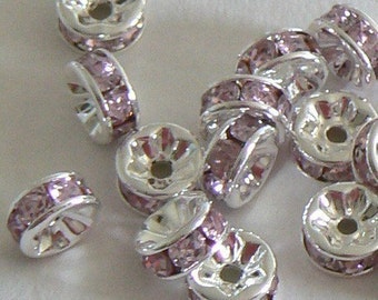 SALE 10pc 8mm Rhinestone Rondelle Beads Silver Plated Bead Light Amethyst