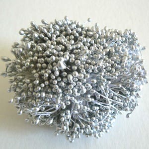 May include: A bunch of silver floral picks with small round heads. The picks are made of wire and are perfect for adding a touch of sparkle to floral arrangements.