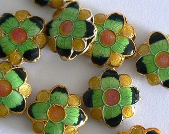 4 15x6mm Handmade Cloisonne Beads Gold Plated Brass Flower Green Gold