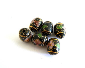 2 10x14mm Handmade Cloisonne Beads Gold Plated Brass High Quality Black Barrel Shape b3066