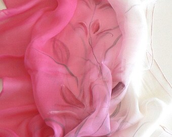 Original Hand Painted Silk Scarf Wrap Garden Flower Pink