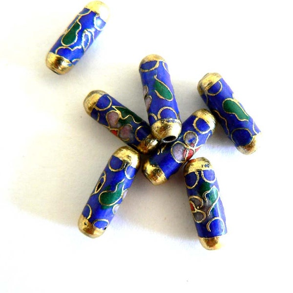 4pc 5x15mm Handmade Cloisonne Beads Tube Bead Flower Large Hole Gold Blue b3060