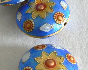 SALE 4 Handmade Cloisonne Beads Round 22x11mm Fat Flower Bead Gold Blue b2612
