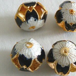 SALE 6 Handmade Cloisonne Beads Open Rounds 14x17mm  Gold Black White b2583