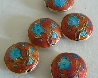 6 18x7mm Handmade Cloisonne Beads Cherry Blossom Round Flat Gold Sunset