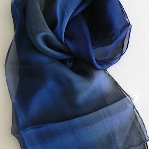 May include: A blue sheer scarf with a gradient of color from dark blue to light blue.