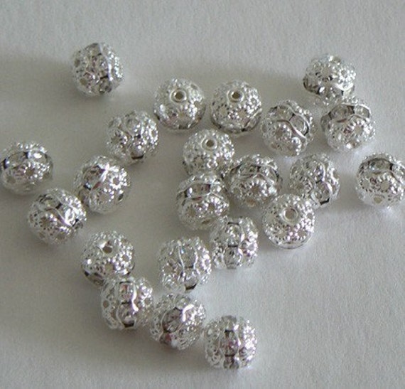 10pc 8mm Rhinestone Filigree Beads Silver Plated Bead Crystal | Etsy