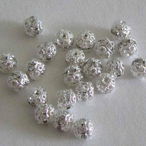 10pc 8mm Rhinestone Filigree Beads Silver Plated Bead Crystal