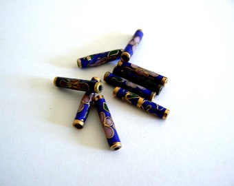 4pc 4x20mm Handmade Cloisonne Beads Flower Long Tube Gold Blue b3055