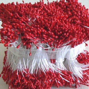 May include: A bunch of red flower stamens, also known as stamen tips, are bundled together with white string. The stamens are used for floral arrangements and crafting.