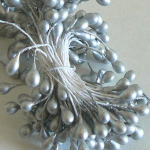 May include: A bunch of silver teardrop-shaped flower buds on white stems. The buds are clustered together and have a metallic sheen.