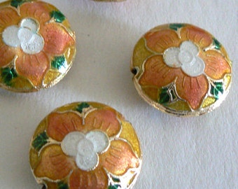 SALE 6 Handmade Cloisonne Beads Round 19x7mm Tropical Flower Petal Bead Gold b2732