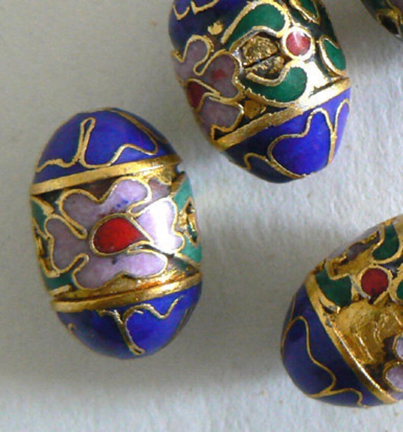 4 Handmade Cloisonne Beads Oval 12x19mm Floral Bead Gold Foil Etsy