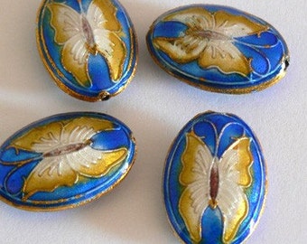 SALE 4 25x16x7mm Handmade Cloisonne Beads Gold Plated Brass Butterfly Roral Blue