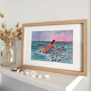 Watercolor poster &quot;In the waves&quot; - Surf - A5 format - Wall decoration - Ocean art - Illustration reproduction - Color gradients