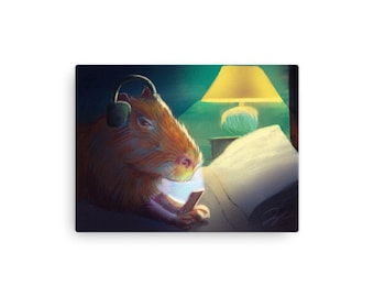 Late Nite Capy: Painting of a Capybara Scrolling on a Bed