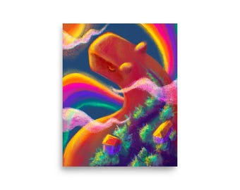 Capybara and the Village Art Print: Whimsical Rainbow Painting
