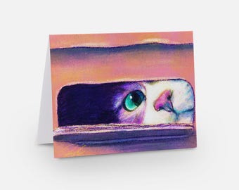 I Sits Greeting Card – Cat Peeking from Box, Blank Card (4" x 5.5")