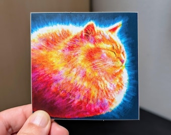 May include: A colorful, abstract painting of a sleeping cat. The cat is depicted in shades of orange, yellow, pink, and purple, with a blue background.