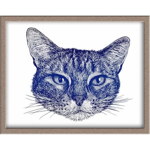 May include: A close-up of a blue and white cat's face. The cat is looking directly at the viewer with a serious expression. The cat's fur is detailed with lines and shading.