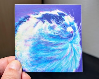 May include: A close-up of a white and black cat with blue and purple fur. The cat is sleeping with its eyes closed and its mouth slightly open. The background is a purple color.