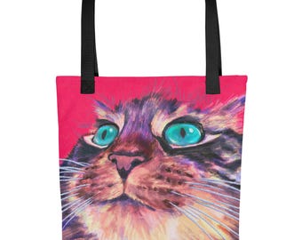Teal Eyes Cat Tote Bag: Whimsical Polyester Shopper