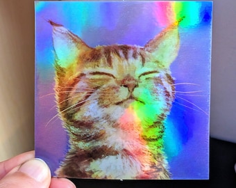 Pegatina holográfica de gato naranja - Calcomanía de gatito arcoíris