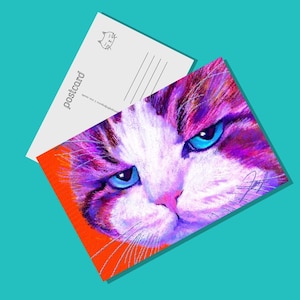 May include: A colorful cat portrait on a postcard with the word "postcard" printed on it. The cat's face is depicted with vibrant shades of purple, pink, and white, and striking blue eyes. A small cat illustration is on the top of the postcard.