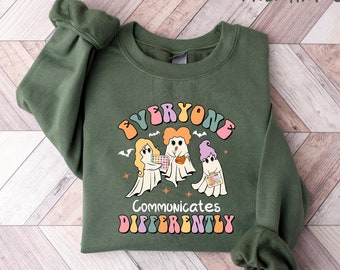 Everyone Communicates Differently Sweatshirt, Teacher Halloween Sweater, Spooky Season Shirt, Autism Awareness T-Shirt, Autism Teacher Shirt