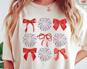 Coquette 4th of July Bow T Shirt, Soft Girl Patriotic TShirt, Cute Independence Day Tee, American Girly Gift, Fourth of July Country