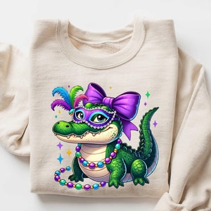 Mardi Gras Crocodile Sweatshirt, Women Mardi Gras Sweatshirt, Mardi Gras Alligator Shirt, Fat Tuesday Shirt, Mardi Gras Carnival Shirt