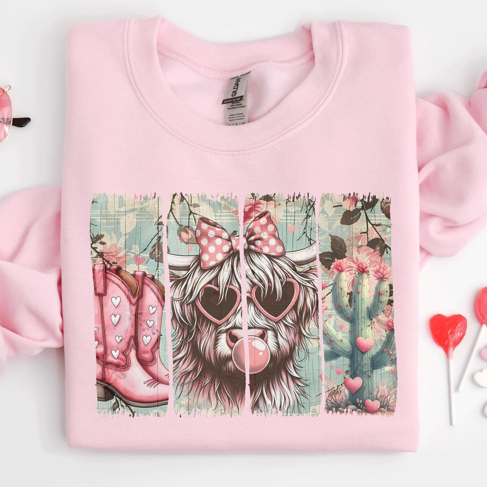 Cow Lover Sweatshirt,Retro Valentine Day Cow Shirt, Valentine Day Outfit, Cow Mom, Cow Shirt, Valentine'S Day Cow Shirt, Valentine Hoodie Livingmall