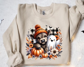 Cute fall highland cow ghost Shirt, spooky season autumn cow shirt, Halloween pumpkin spice Shirt, Boo ghost Sweatshirt, Pumpkin Season Tee