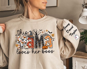Custom Halloween Spooky Mama Sweatshirt with Kids Name on Sleeve Sweatshirt, Cool Mama Halloween Sweatshirt, Mama Halloween Gift,Custom Mama