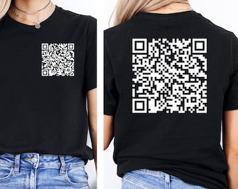 May include: Black t-shirt with a white QR code printed on the front and back.