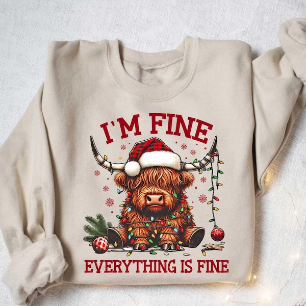 Christmas Lights Cow Sweatshirt, Christmas Cow Shirt, Funny Animals Shirt, Christmas Highland Cow Crewneck, Christmas Shirt, Christmas Gifts