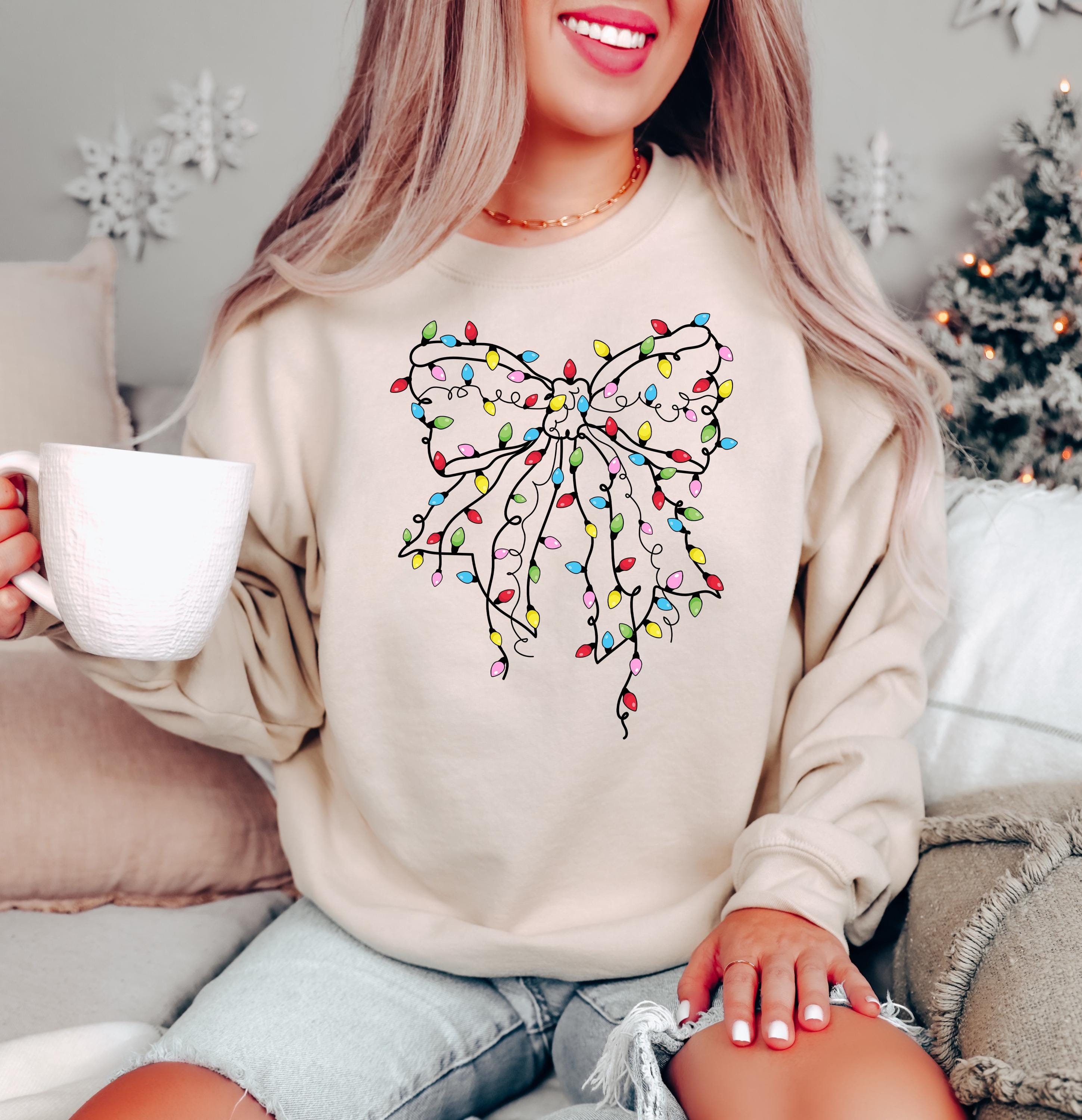 Christmas Light Coquette Bow Sweatshirt, Christmas Shirt, Christmas Lights Shirt, Cute Christmas Shirts, Holiday Shirt, Christmas T-Shirts